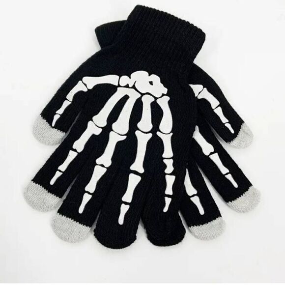 Halloween Black Knit Skeleton Touch Screen Gloves Unisex -A - Picture 2 of 3